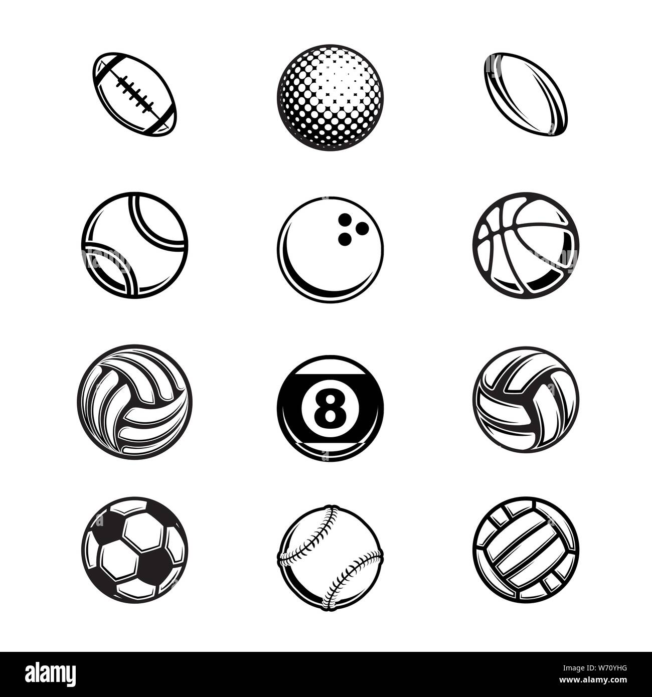 Set of different black sport balls isolated on white background Stock ...