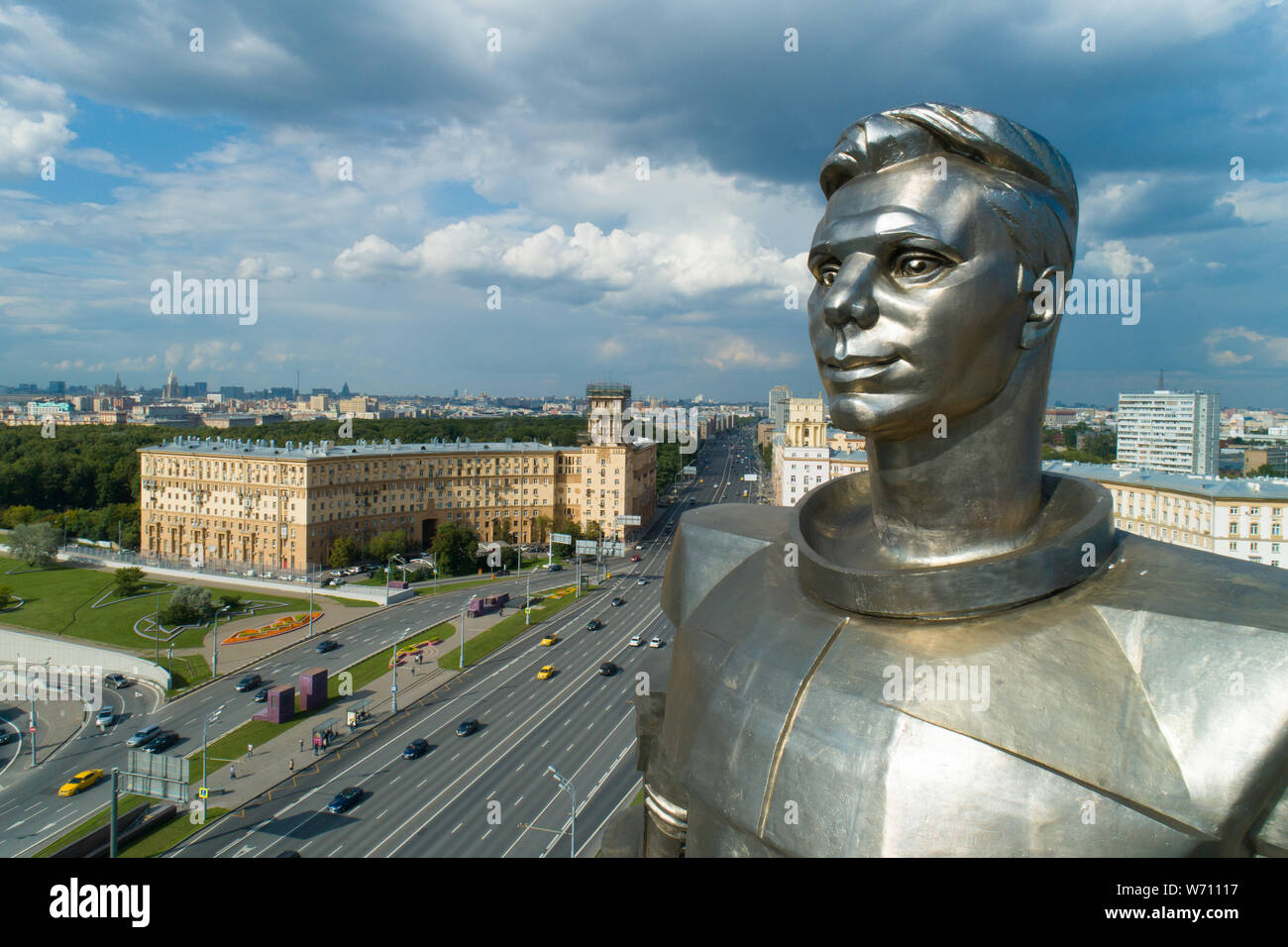 Moscow, Russia - July 22, 2019: aerial view of Yuri Gagarin monument on ...