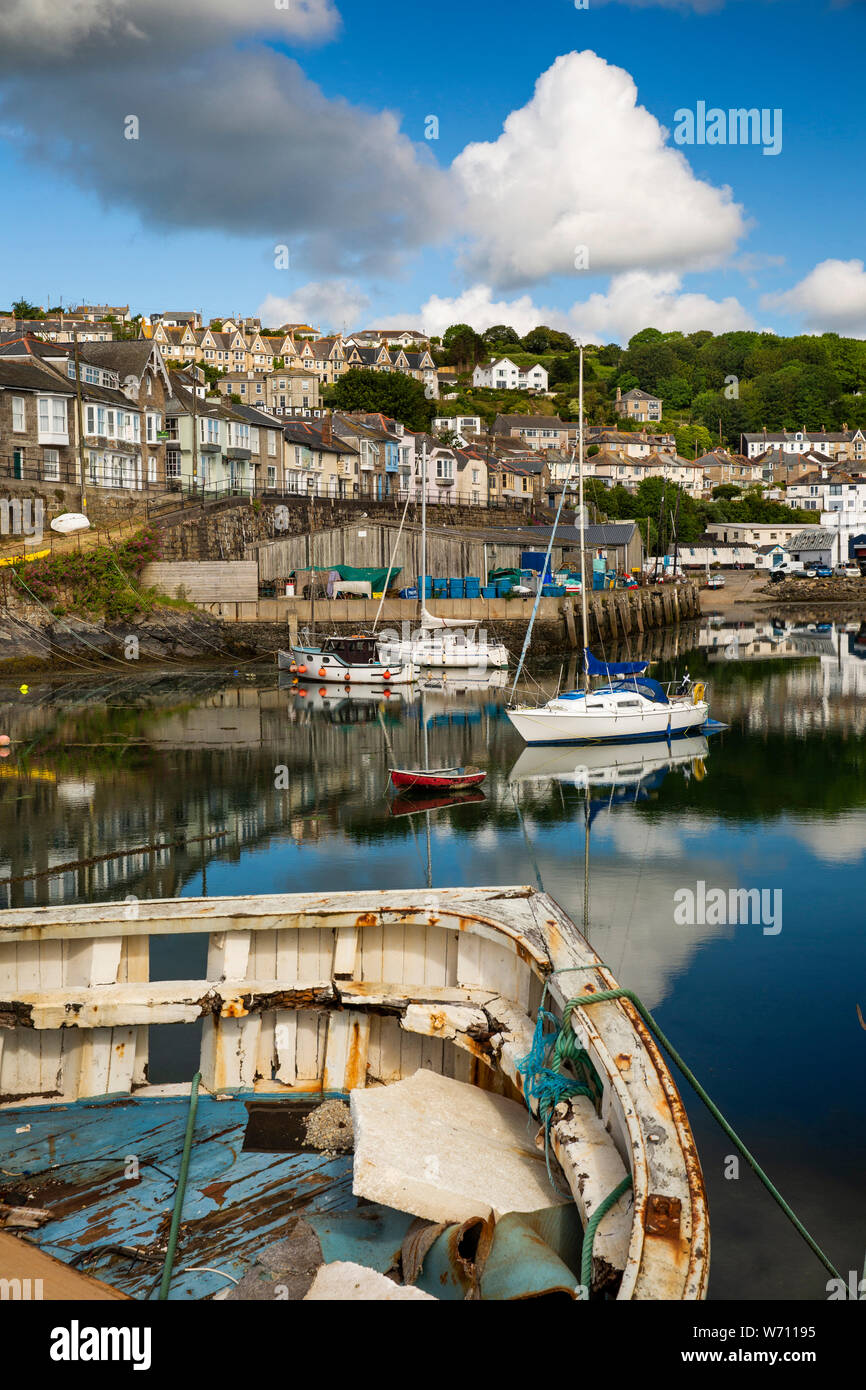 UK, England, Cornwall, Newlyn, town from Harbour, boats moored at Old Quay Stock Photo