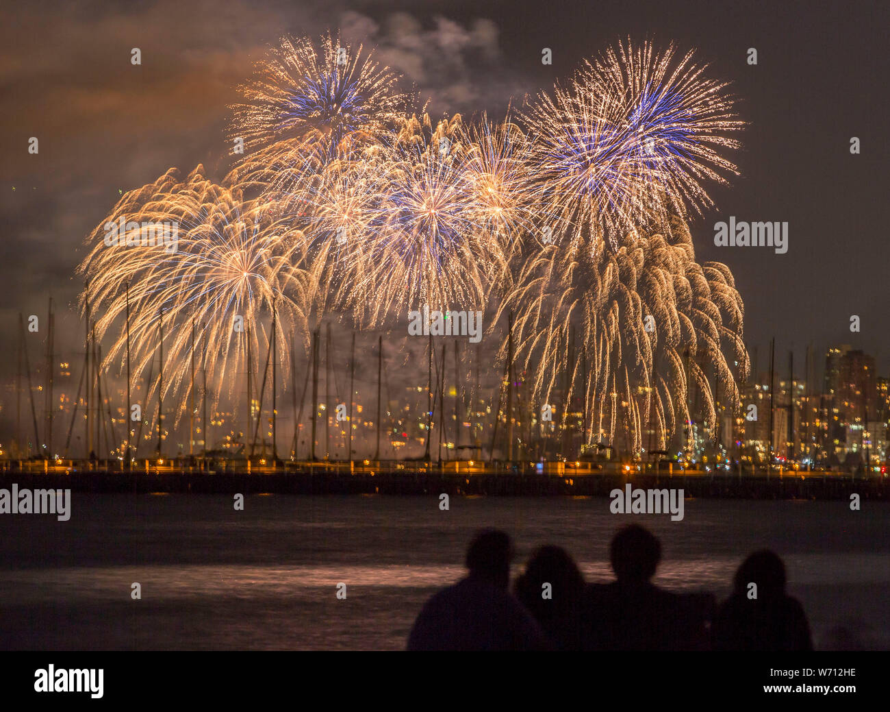Vancouver, Canada. 3rd Aug, 2019. Firework presented by team Croatia lights up the sky during the 29th annual Celebration of Light at English Bay in Vancouver, Canada, Aug. 3, 2019. Firework team Croatia displayed its firework Saturday night to sum up this year's Vancouver international fireworks competition. Credit: Liang Sen/Xinhua Stock Photo