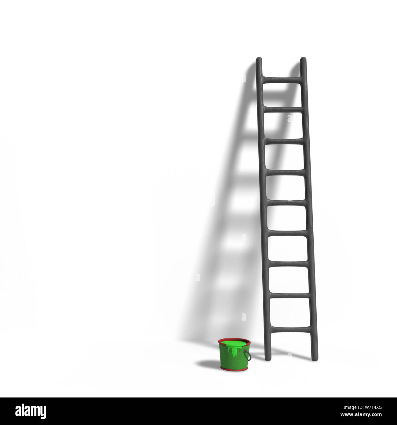 miniature figurine ladder and green paint in front of a wall isolated with shadow on white background Stock Photo
