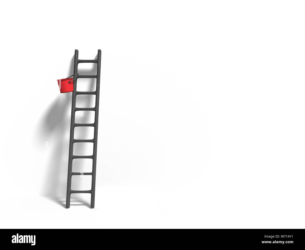 miniature figurine ladder and red paint in front of a wall isolated on white background Stock Photo