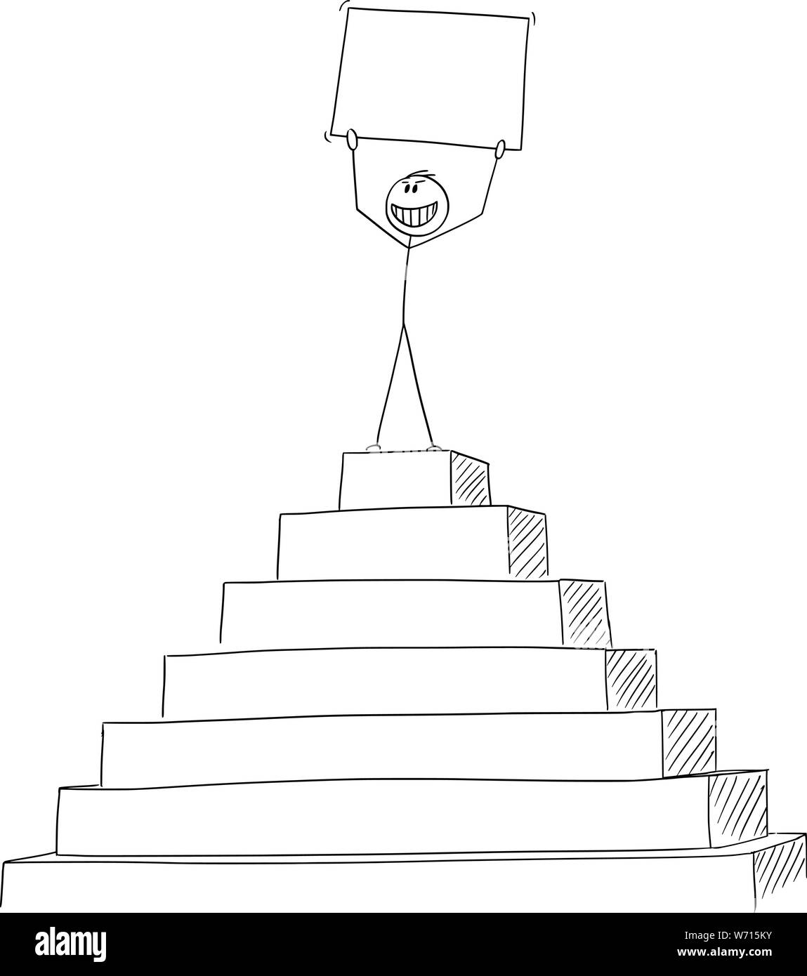 Vector cartoon stick figure drawing conceptual illustration of successful man or businessman celebrating success on the peak of the pyramid with empty sign in hands. Stock Vector