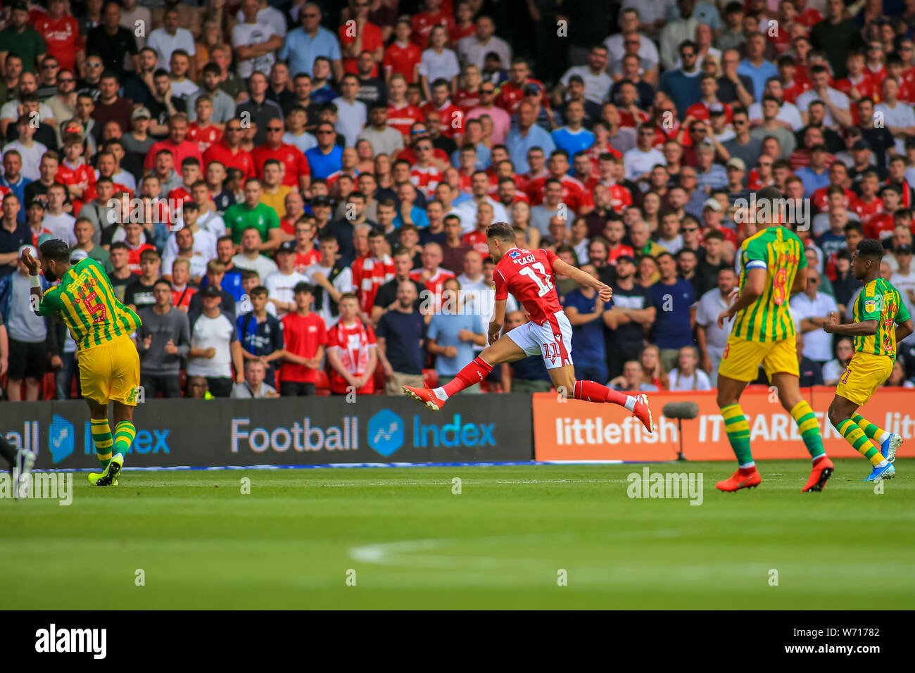 3rd August 2019, City Ground, Nottingham, England ; Sky Bet Championship, Nottingham Forest vs West Bromwich Albion :  Matty Cash (11) of Nottingham Forest  scores to make it 1-0  Credit: Craig Milner/News Images  English Football League images are subject to DataCo Licence Stock Photo