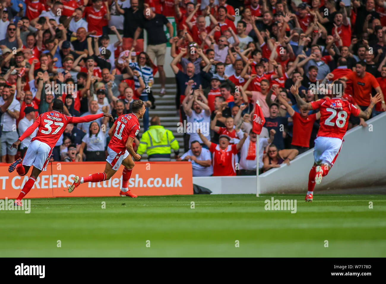 3rd August 2019, City Ground, Nottingham, England ; Sky Bet Championship, Nottingham Forest vs West Bromwich Albion :  Matty Cash (11) of Nottingham Forest  celebrates his goal to make it 1-0  Credit: Craig Milner/News Images  English Football League images are subject to DataCo Licence Stock Photo
