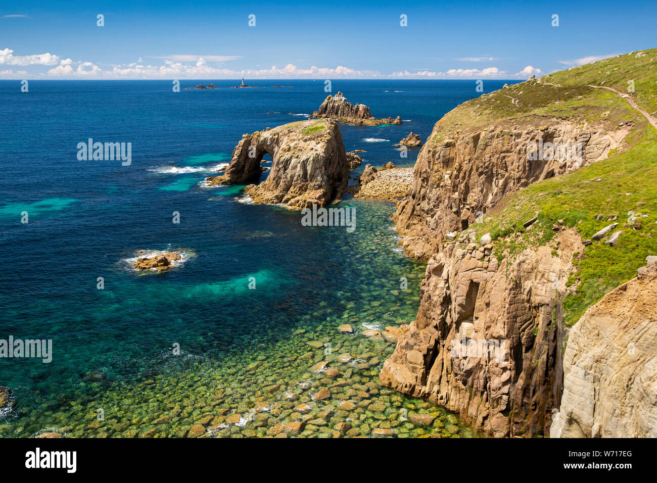 UK, England, Cornwall, Sennen, Land’s End, Enys Dodnan island arch and Armed Knight from Carn Cheer Stock Photo