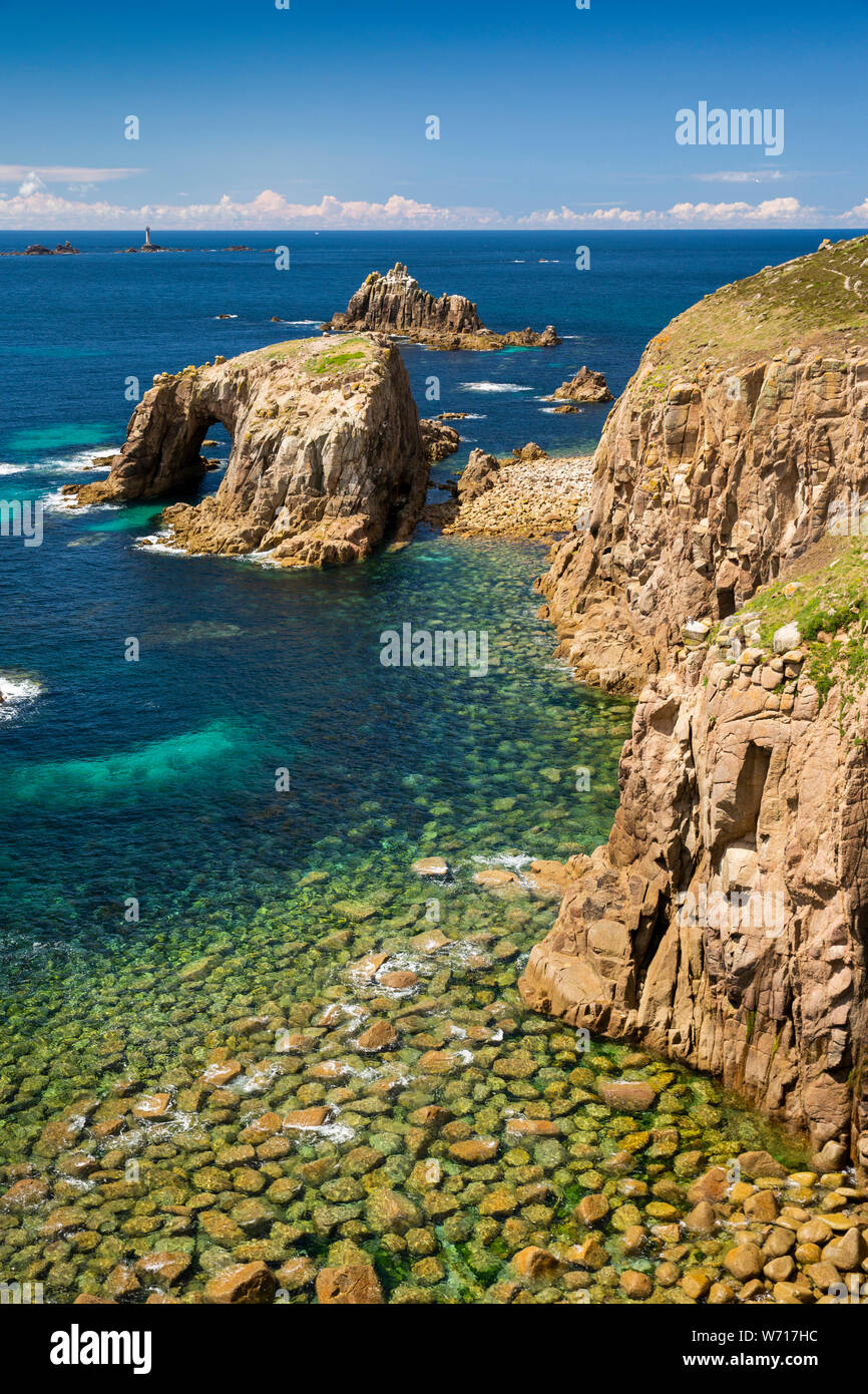 UK, England, Cornwall, Sennen, Land’s End, Enys Dodnan island arch and Armed Knight from Carn Cheer Stock Photo