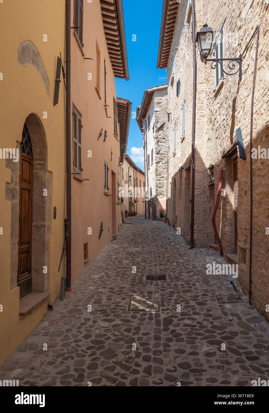 Nocera Umbra (Italy) - A little charming stone medieval city on the hill, with suggestive alley and square, in province of Perugia. Stock Photo