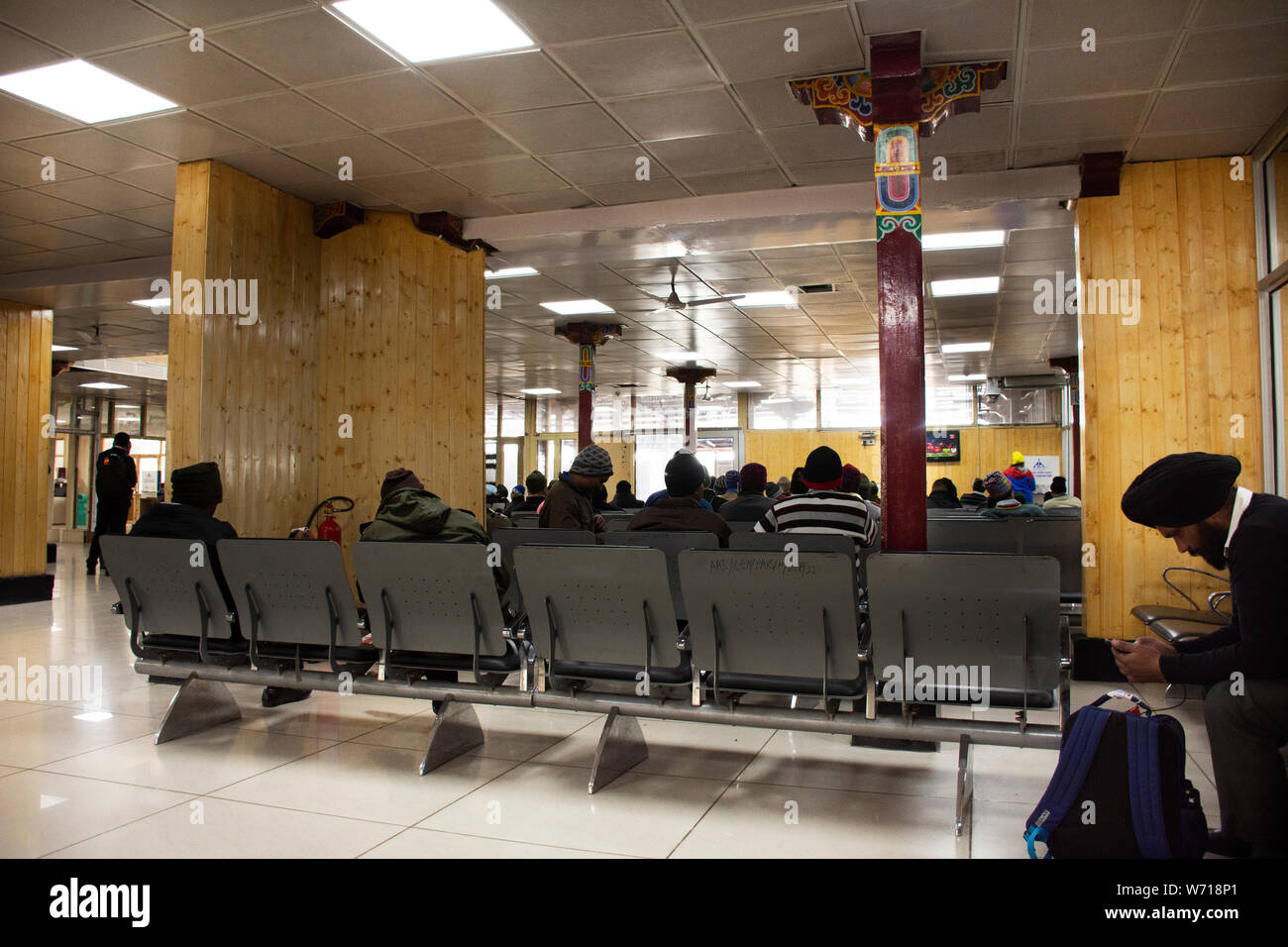 Indian people and foreign travelers walking and waiting check in inside of Kushok Bakula Rimpochee Airport at Leh city on March 23, 2019 in Jammu and Stock Photo