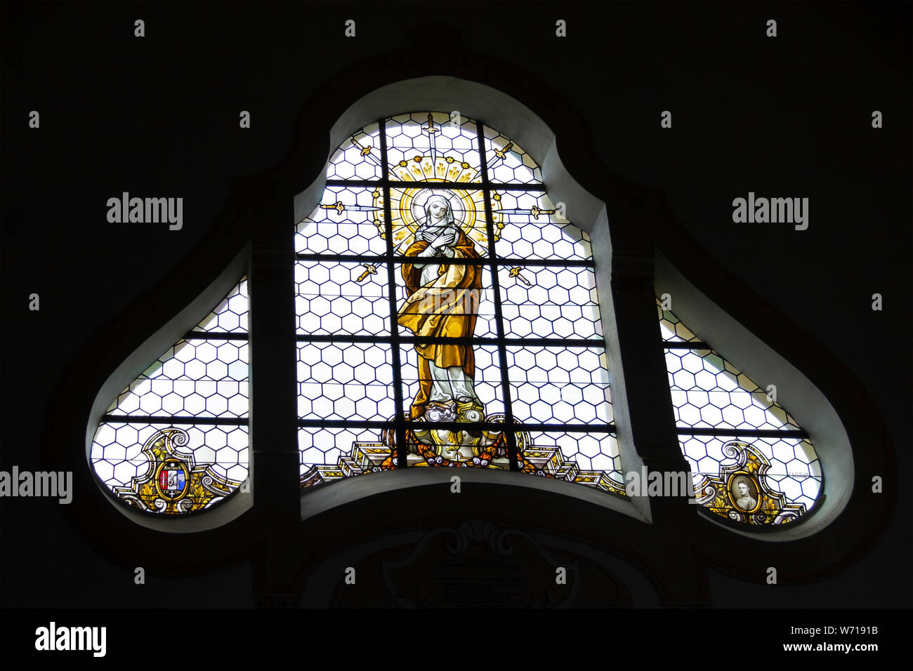 window of the church, Bayerisch Eisenstein, Bavarian Forest, Bavaria, Germany Stock Photo