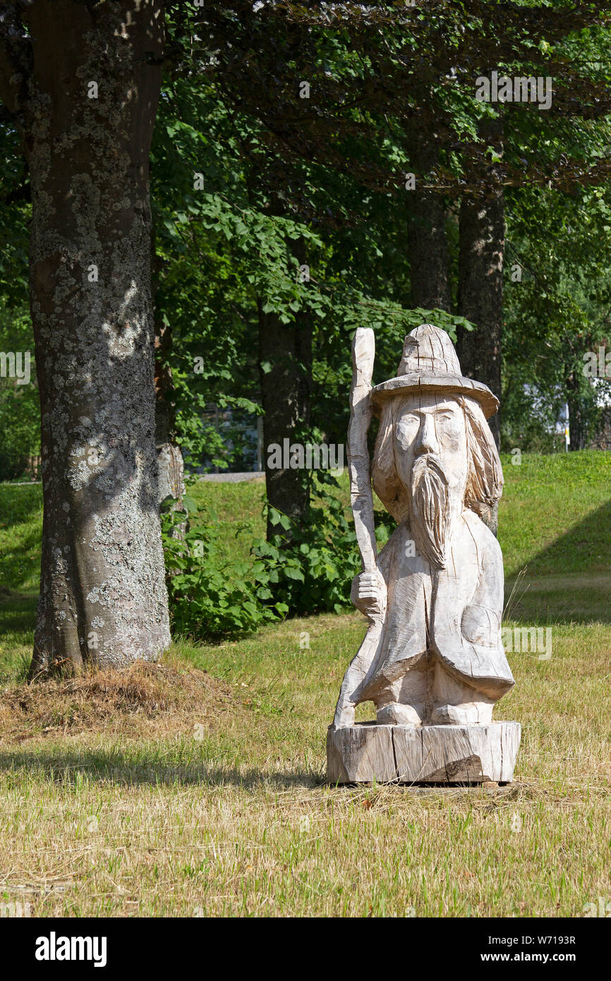 wooden sculpture, Bayerisch Eisenstein, Bavarian Forest, Bavaria, Germany Stock Photo
