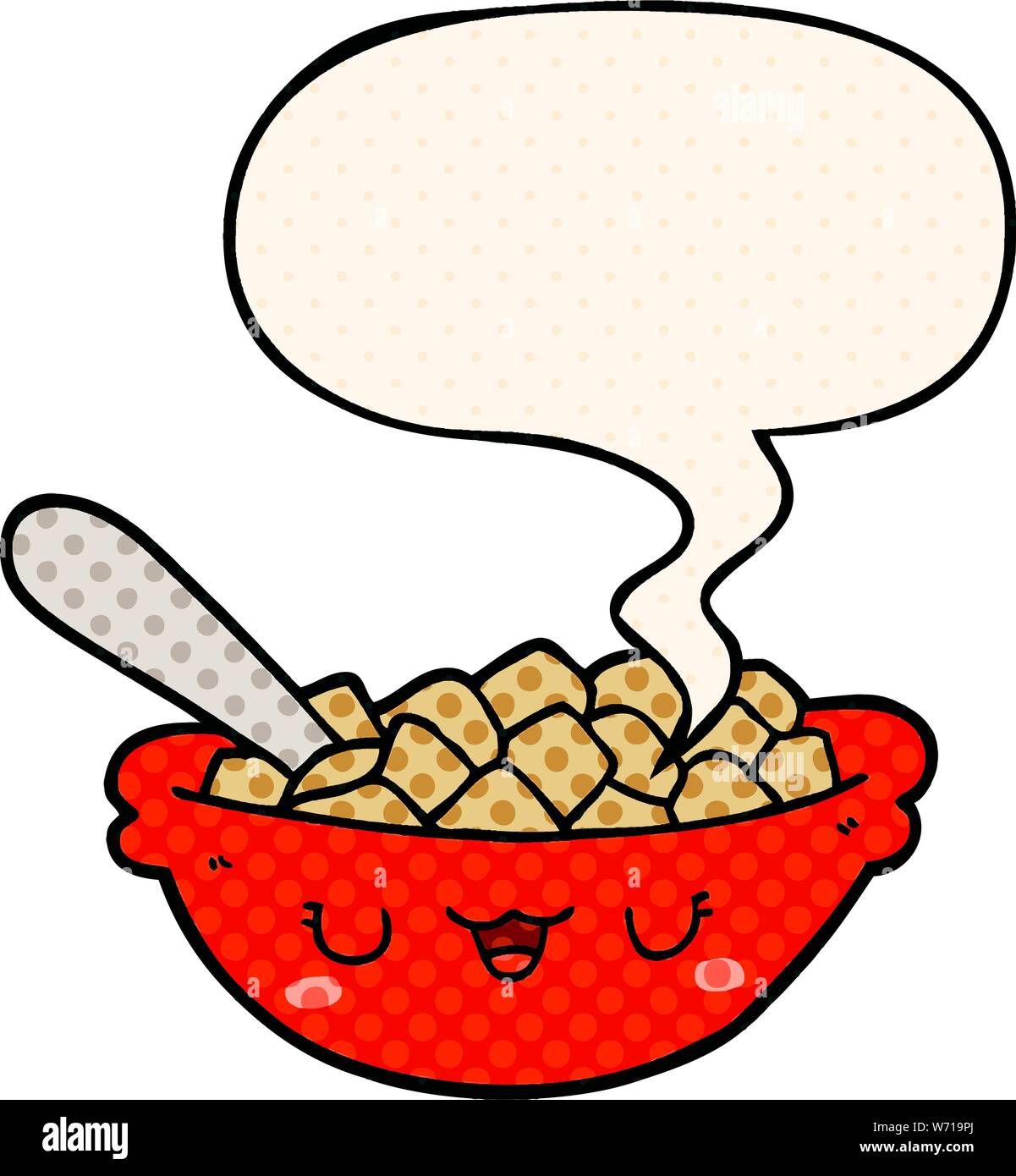 cute cartoon bowl of cereal with speech bubble in comic book style ...