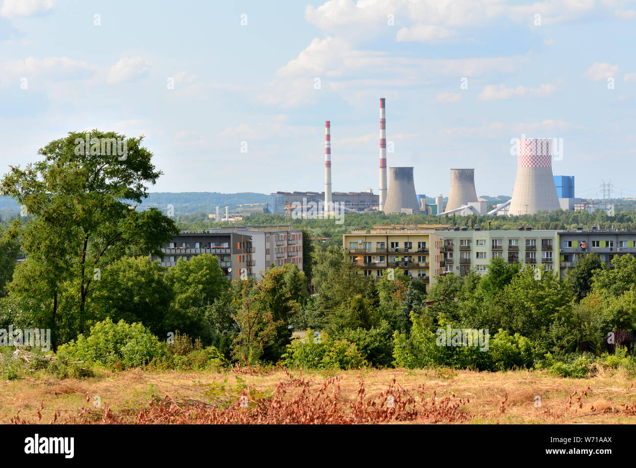 Bedzin landscape with houses and power plant, electricity production. Poland. Stock Photo
