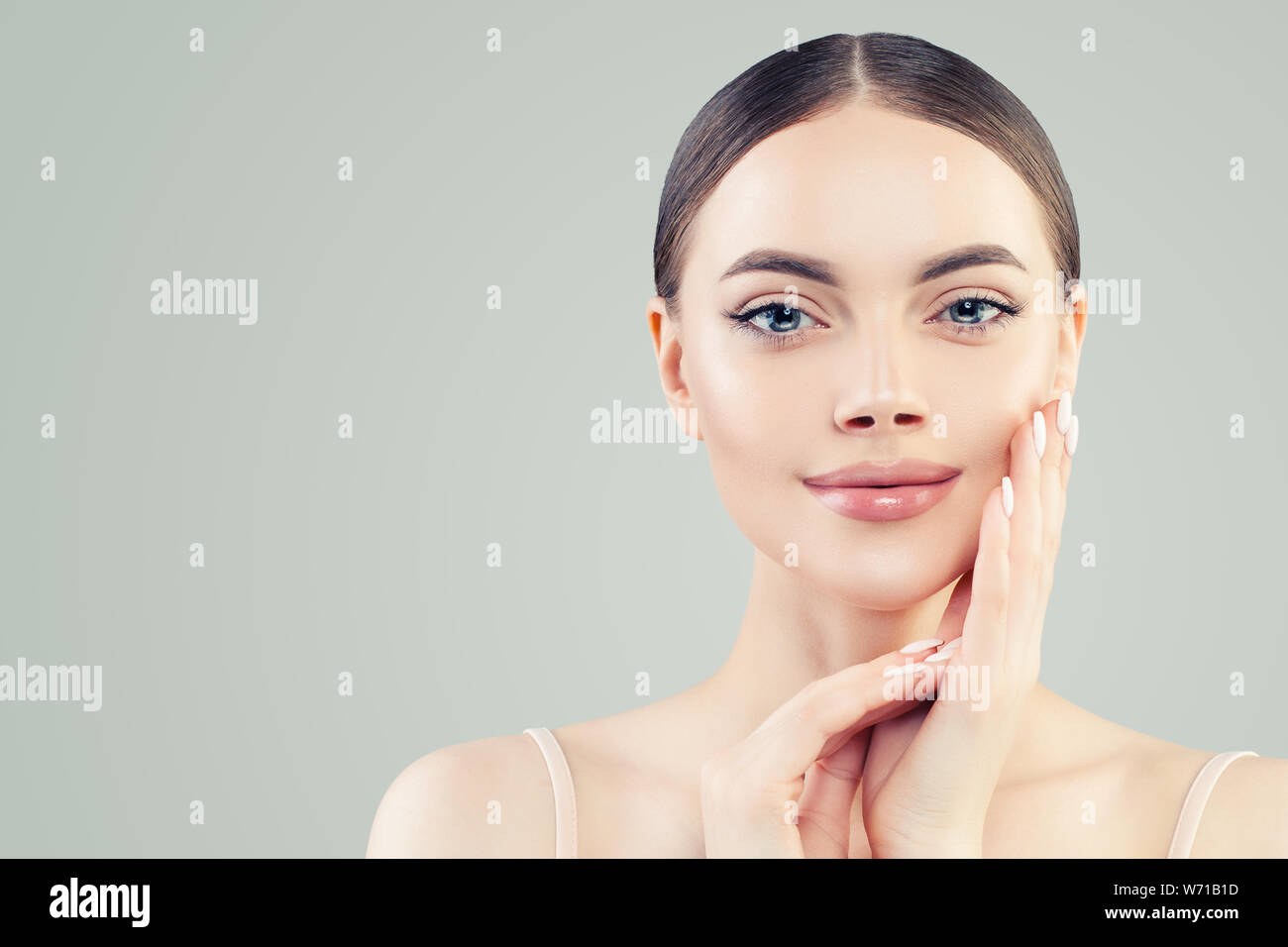Natural beautiful woman with clear skin, female face close up Stock ...