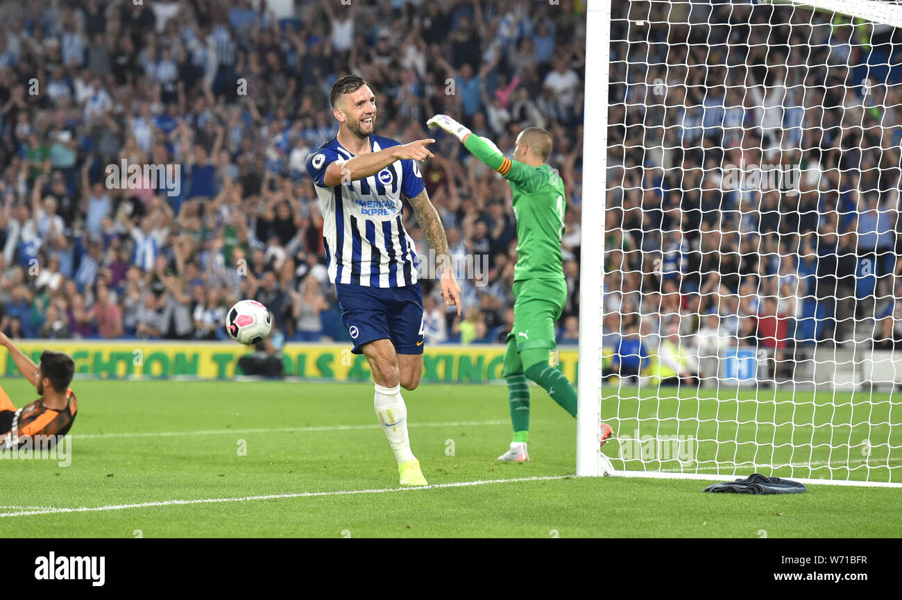 Shane Duffy of Brighton scores their second goal during  the pre season friendly football match between Brighton and Hove Albion and Valencia at the American Express Community Stadium 02 Aug 2019 . Stock Photo
