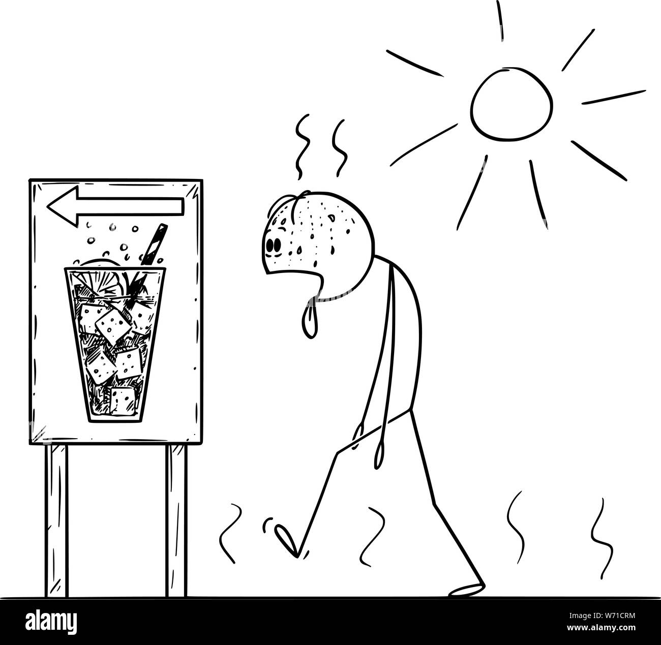 Vector cartoon stick figure drawing conceptual illustration of exhausted man walking in sunny day in summer to buy cold drink or soda with tongue lolling out. Stock Vector