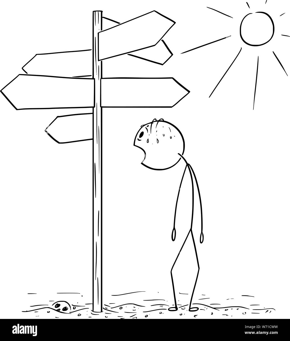 Vector cartoon stick figure drawing conceptual illustration of exhausted and thirsty man walking on hot desert and found empty signpost showing in many directions. Stock Vector