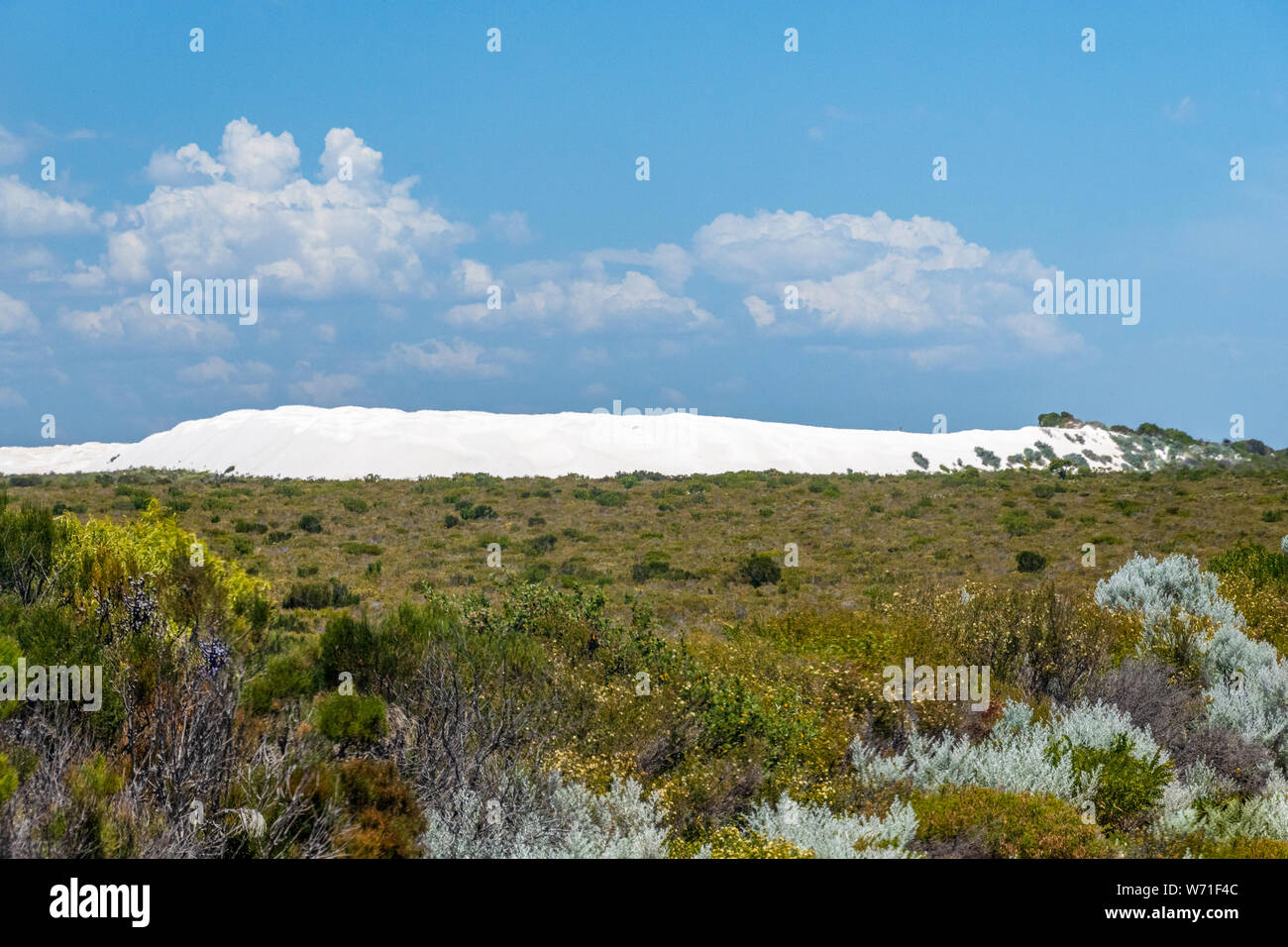 The Pinnacles Desert huge white sand dunes in the Western Australian landscape Stock Photo