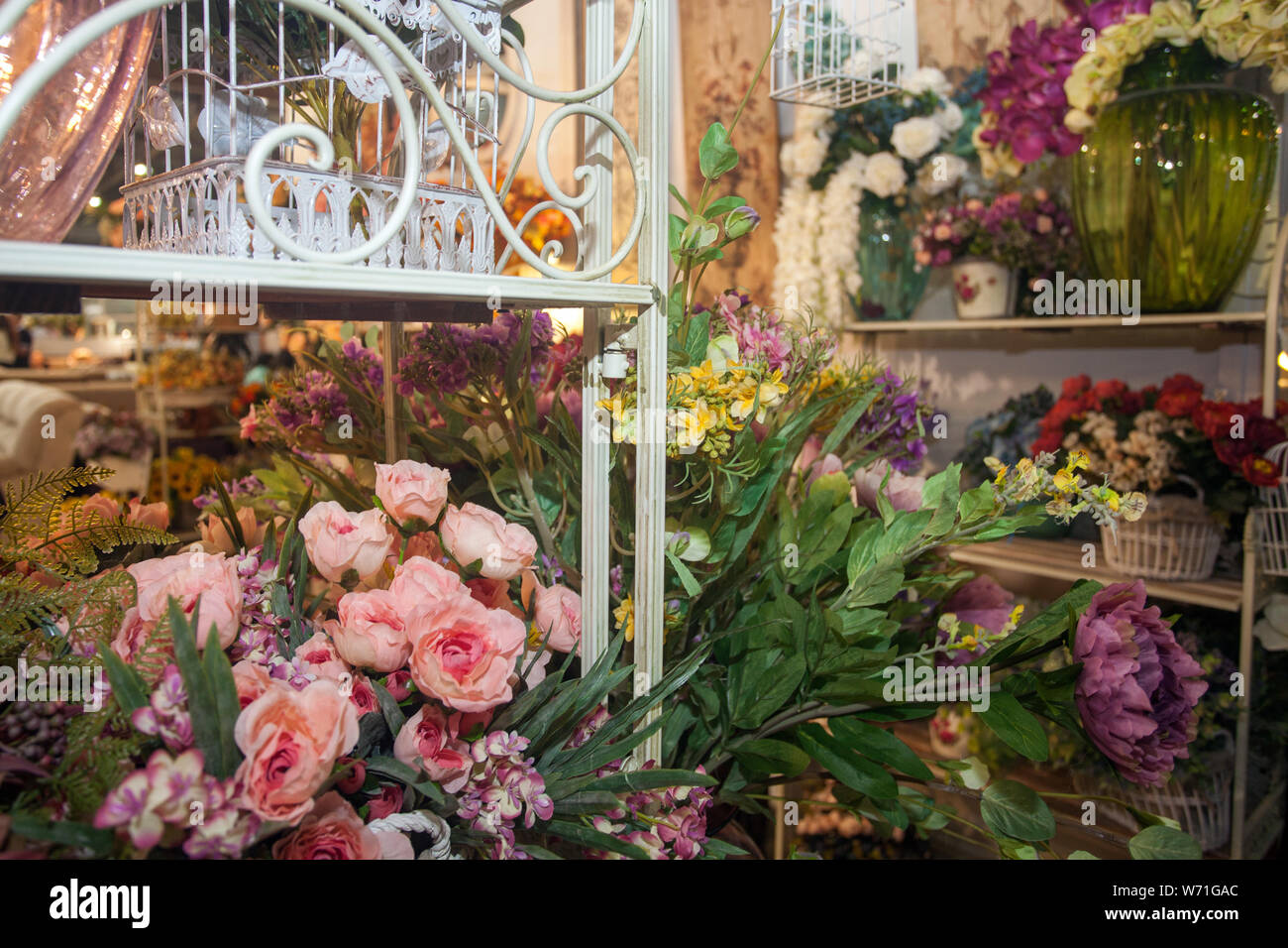 collection of beautiful floral bouquets and plants in flower shop Stock