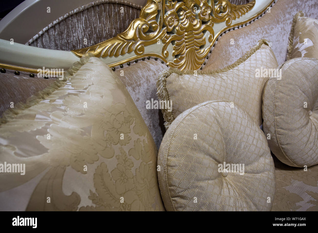 beautiful decorative pillows on sofa, close-up Stock Photo
