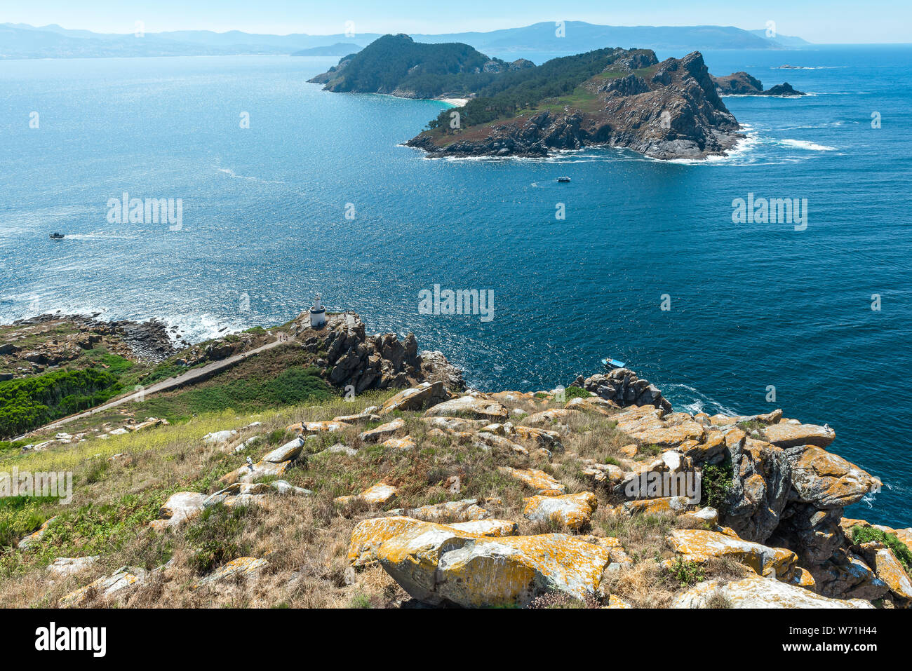 Cies Islands: South Island from Faro Island, National Park Maritime-Terrestrial of the Atlantic Islands, Galicia, Spain Stock Photo