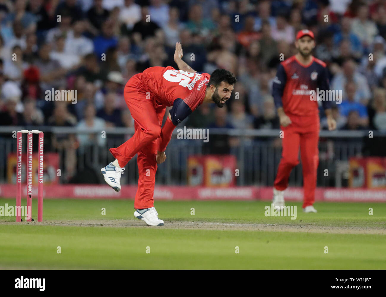 Emirates Old Trafford, Manchester, UK. 3rd Aug, 2019. Vitality Blast T20 cricket, Lancashire versus Nottinghamshire; Saqib Mahmood bowling for Lancs Credit: Action Plus Sports/Alamy Live News Stock Photo