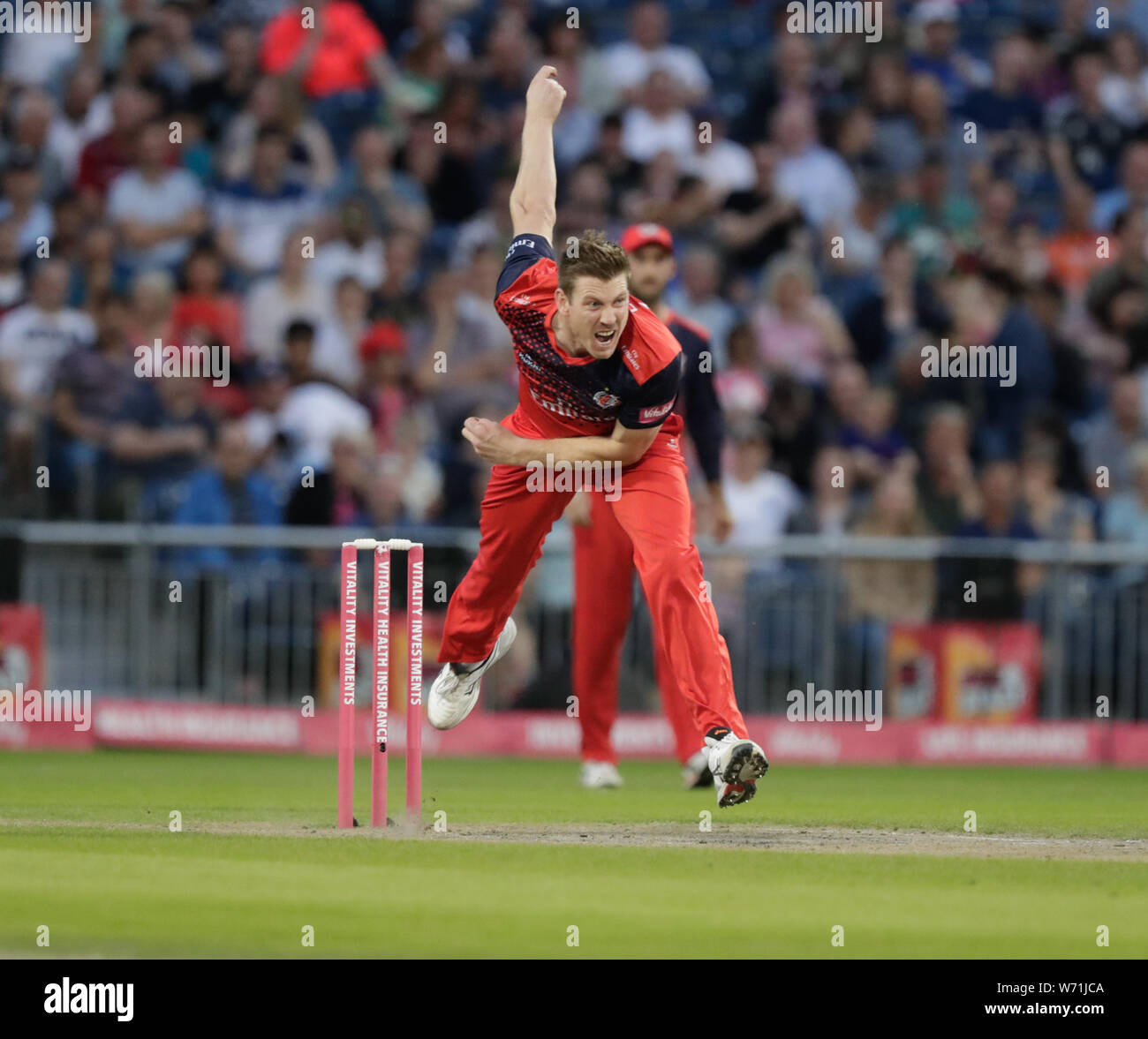 Emirates Old Trafford, Manchester, UK. 3rd Aug, 2019. Vitality Blast T20 cricket, Lancashire versus Nottinghamshire; James Faulkner bowling for Lancs Credit: Action Plus Sports/Alamy Live News Stock Photo