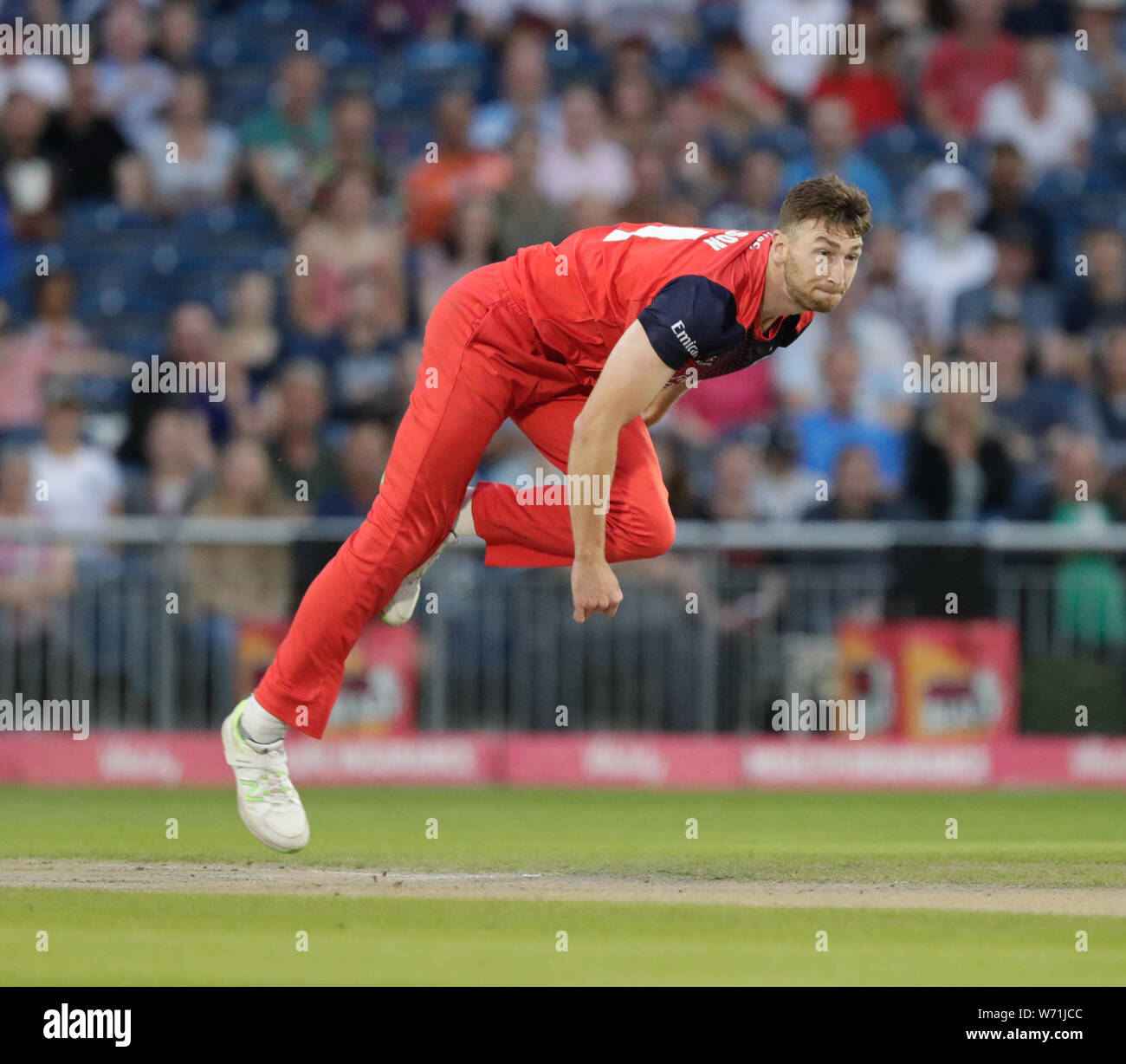 Emirates Old Trafford, Manchester, UK. 3rd Aug, 2019. Vitality Blast T20 cricket, Lancashire versus Nottinghamshire; Richard Gleeson bowling for Lancs Credit: Action Plus Sports/Alamy Live News Stock Photo