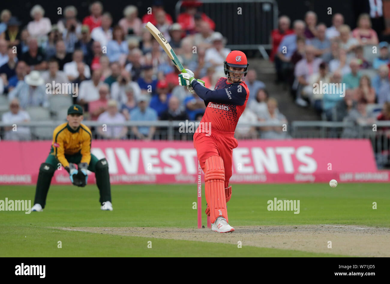 Emirates Old Trafford, Manchester, UK. 3rd Aug, 2019. Vitality Blast T20 cricket, Lancashire versus Nottinghamshire; Keaton Jennings playing into the off side for Lancs Credit: Action Plus Sports/Alamy Live News Stock Photo