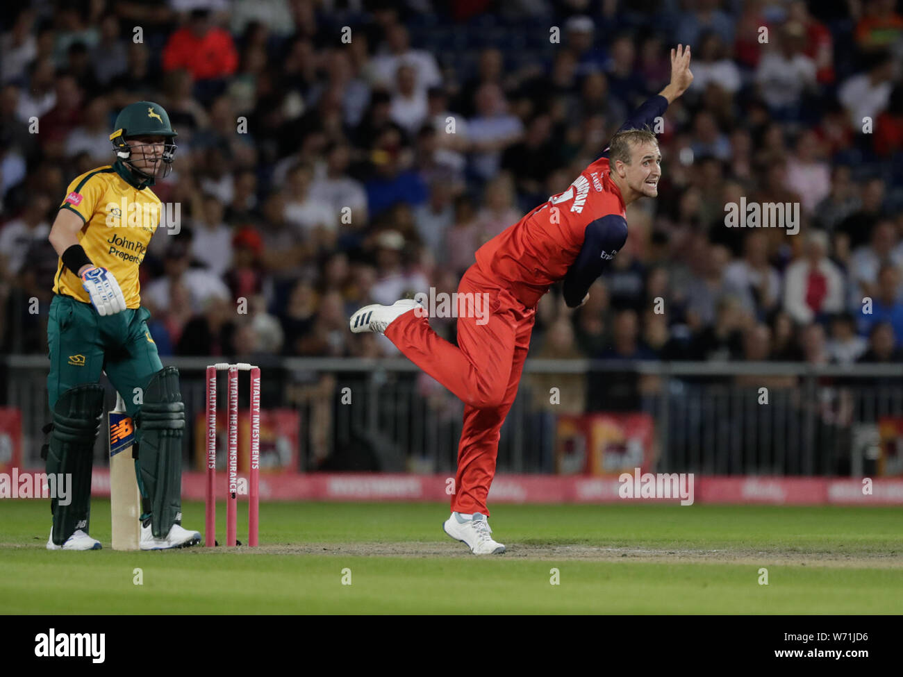 Emirates Old Trafford, Manchester, UK. 3rd Aug, 2019. Vitality Blast T20 cricket, Lancashire versus Nottinghamshire; Liam Livingstone bowling for Lancs Credit: Action Plus Sports/Alamy Live News Stock Photo
