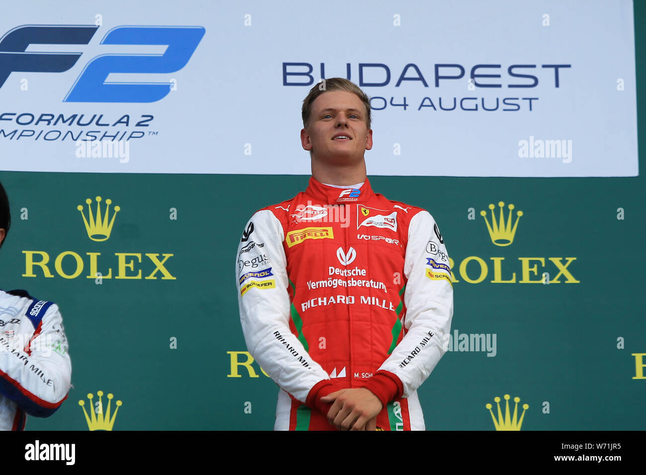 Hungaroring Circuit, Mogyorod, Budapest, Hungary. 4th Aug, 2019. Formula 1  Rolex Hungary Grand Prix; Race Day; FIA Formula 2, Sprint Race; Prema  Racing, Mick Schumacher on the podium after his first win