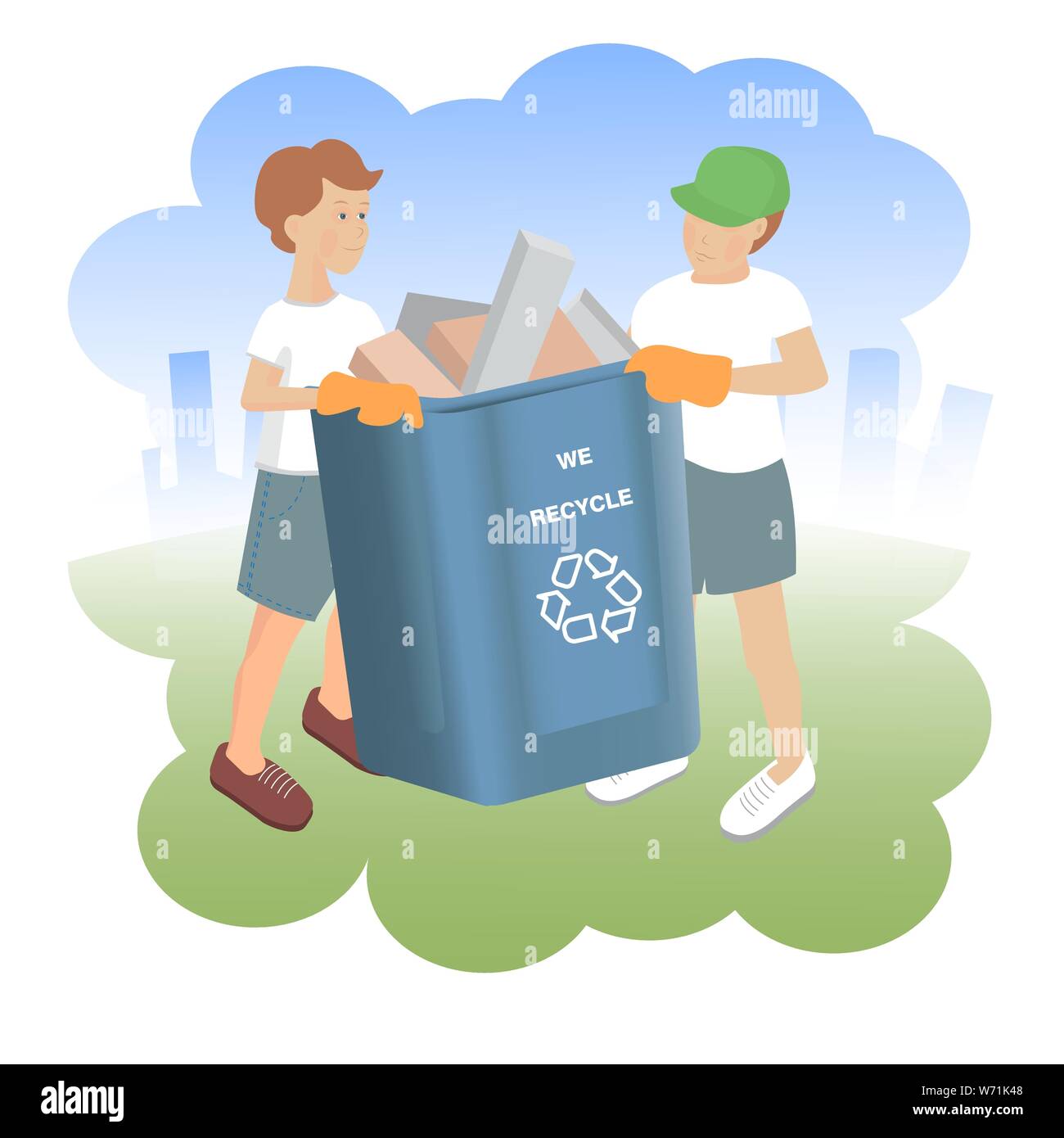 Vector illustration with two boys with full recycling bin Stock Vector