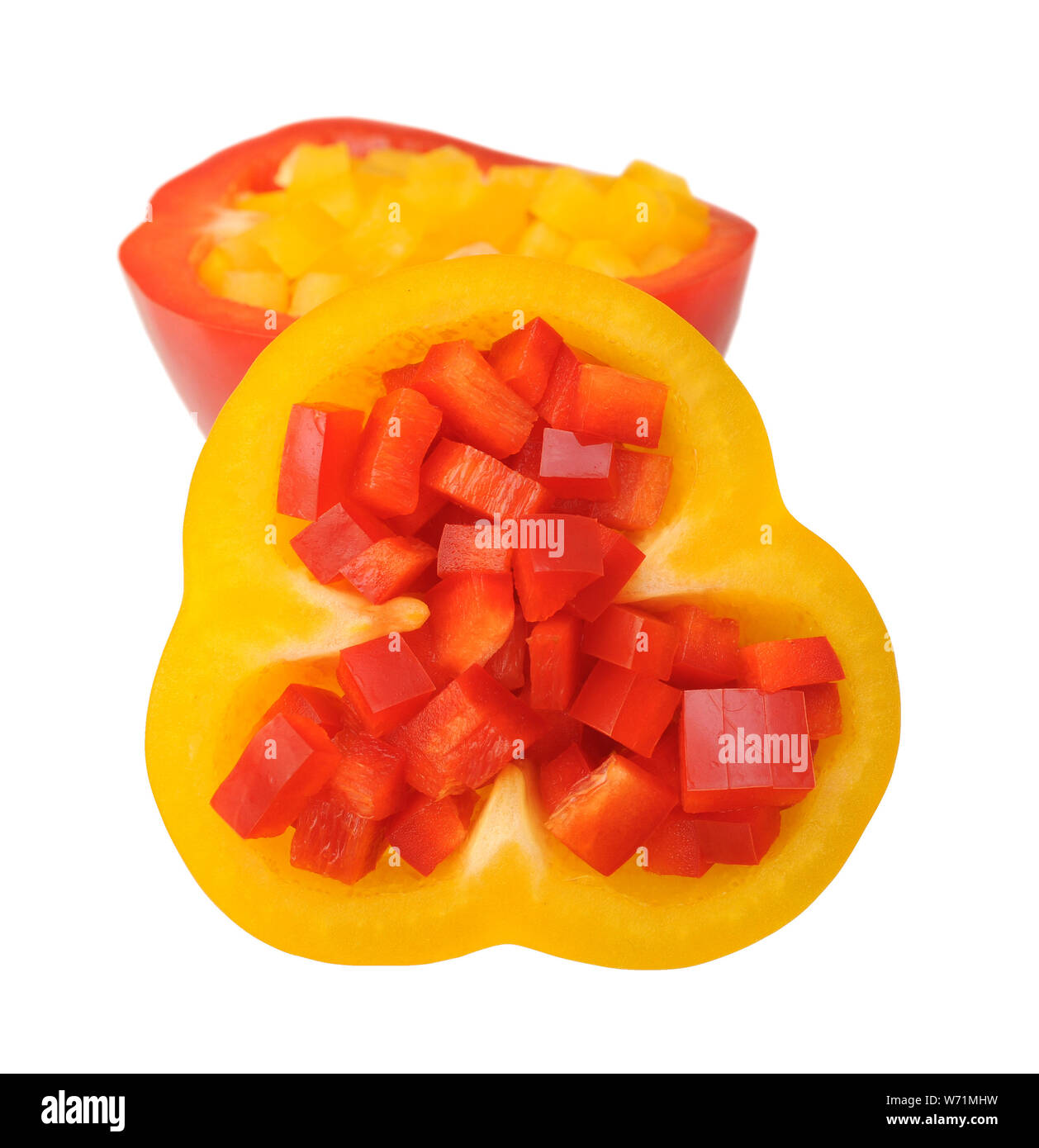 chopped yellow and red bell peppers isolated on white background Stock ...