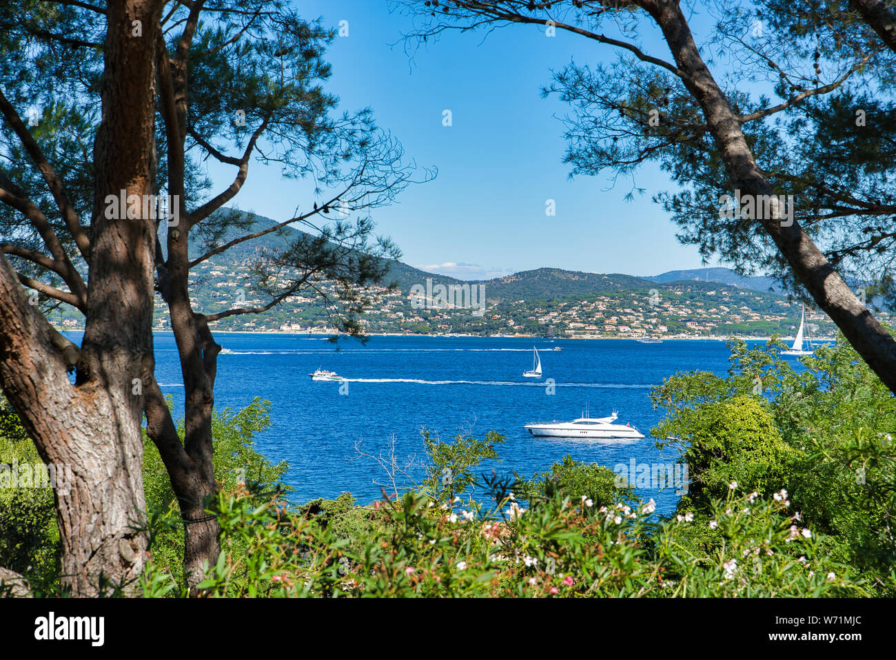 View of the bay with yachts. Overview of the neighborhood from the hill. Resort in the south of France, Saint-Tropez, France Stock Photo