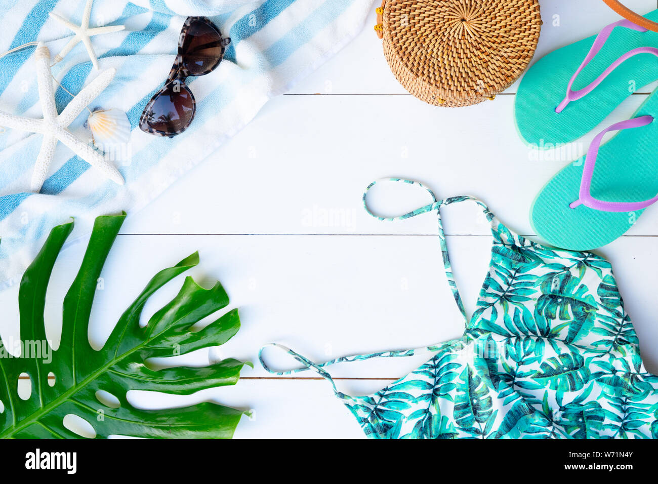 Summer flat lay scenery with swimsuit Stock Photo Alamy