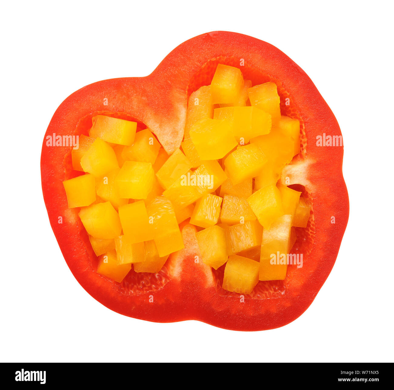 chopped yellow and red bell peppers isolated on white background Stock ...