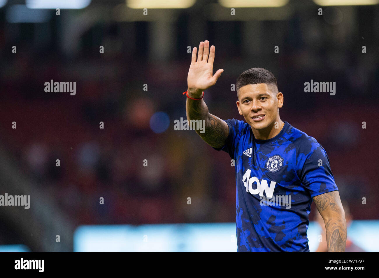 Marcos Rojo of Manchester United waves to fans after the International Champions Cup match between Manchester United and AC Milan, August 2019. Stock Photo