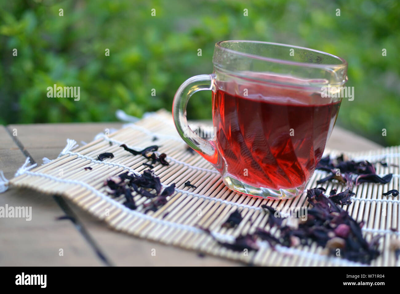 Featured hibiscus flower tea. Concept of health, diet, peace, self love
