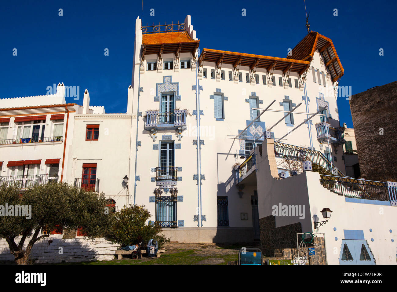 The modernist Blue House, Casa Serinyana or Sa Casa Blaua, in Cadaques, Catalonia, Spain, designed by Salvador Sellés i Baró for Octavius Serinyana in Stock Photo