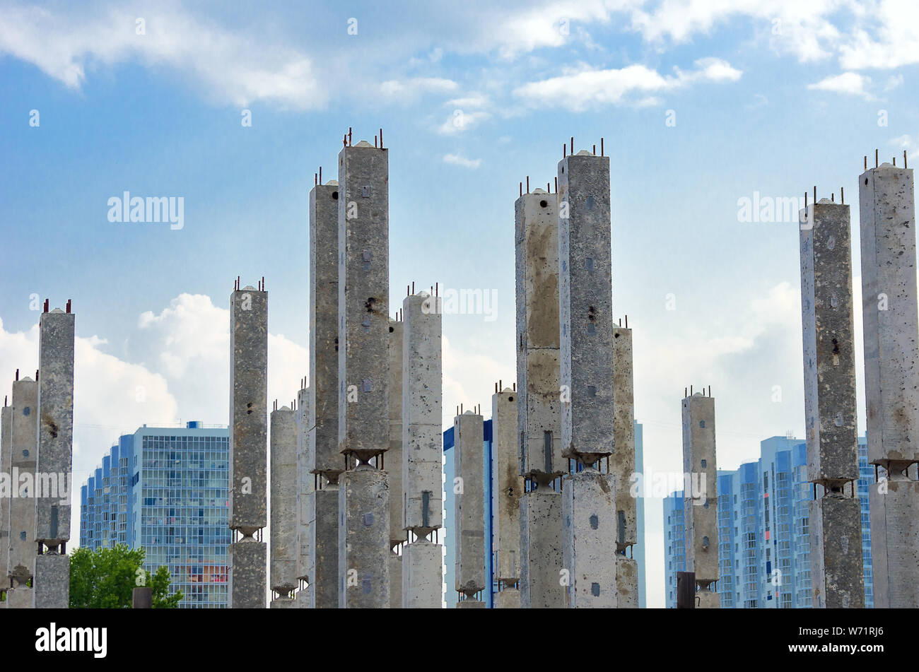Vertical Reinforced Concrete Columns with Rebars at Construction Site