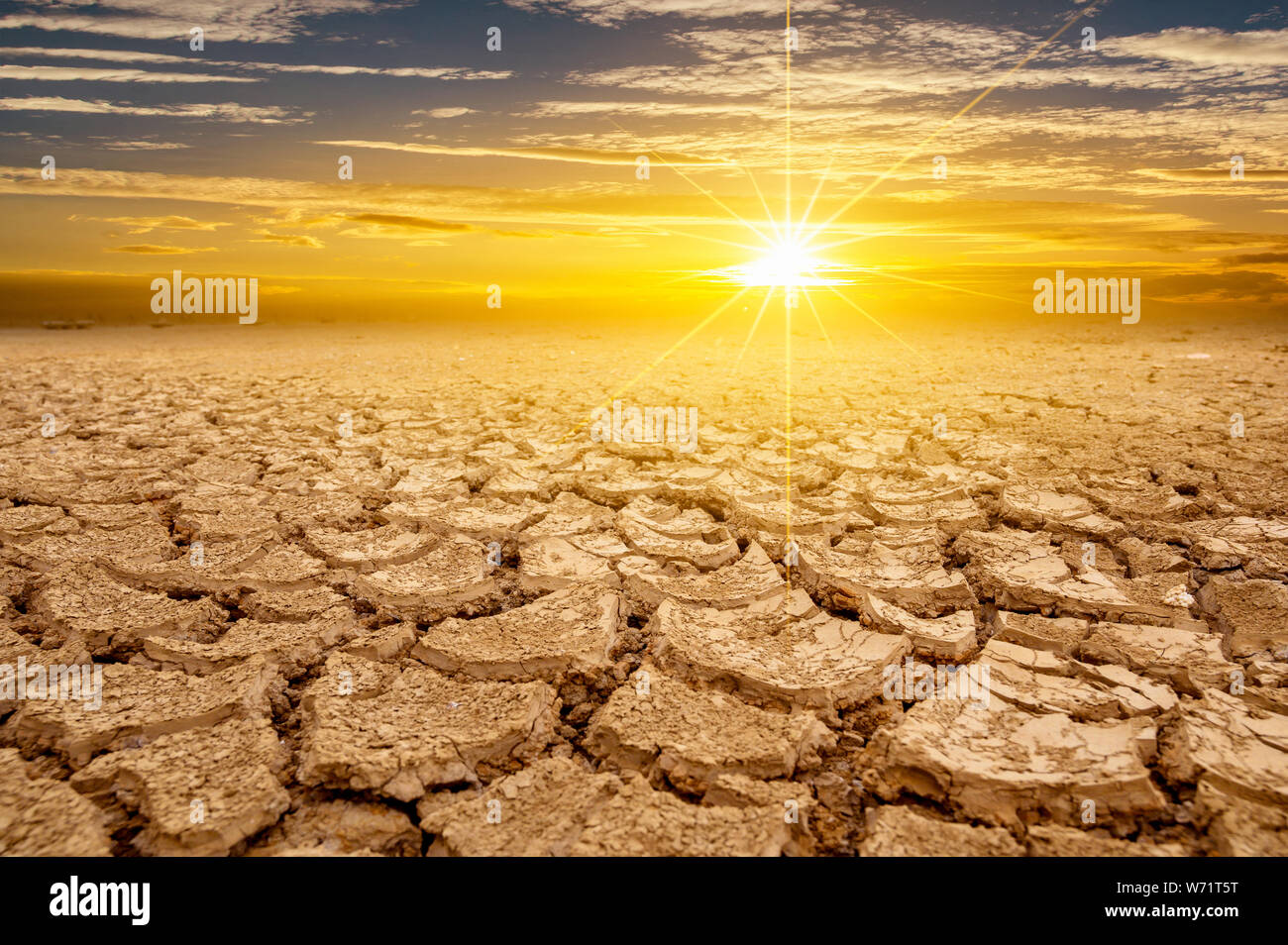 arid Clay soil Sun desert global worming concept cracked scorched earth soil drought desert landscape dramatic sunset Stock Photo