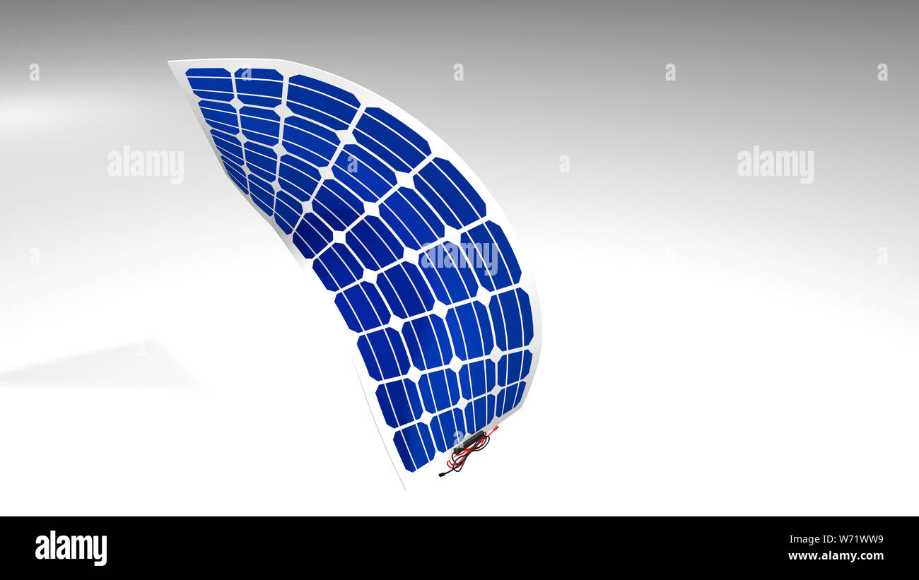 3D model of a flexible solar panel with black and red connection cables on white background - Renewable Energy - 3D Illustration Stock Photo