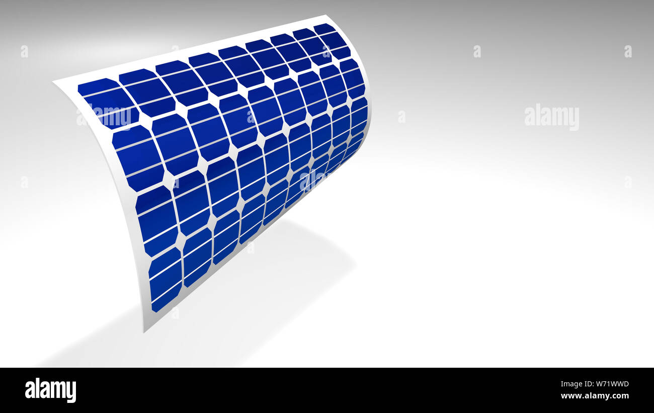 3D model of a thin flexible solar panel bending over white background - Renewable Energy - 3D Illustration Stock Photo