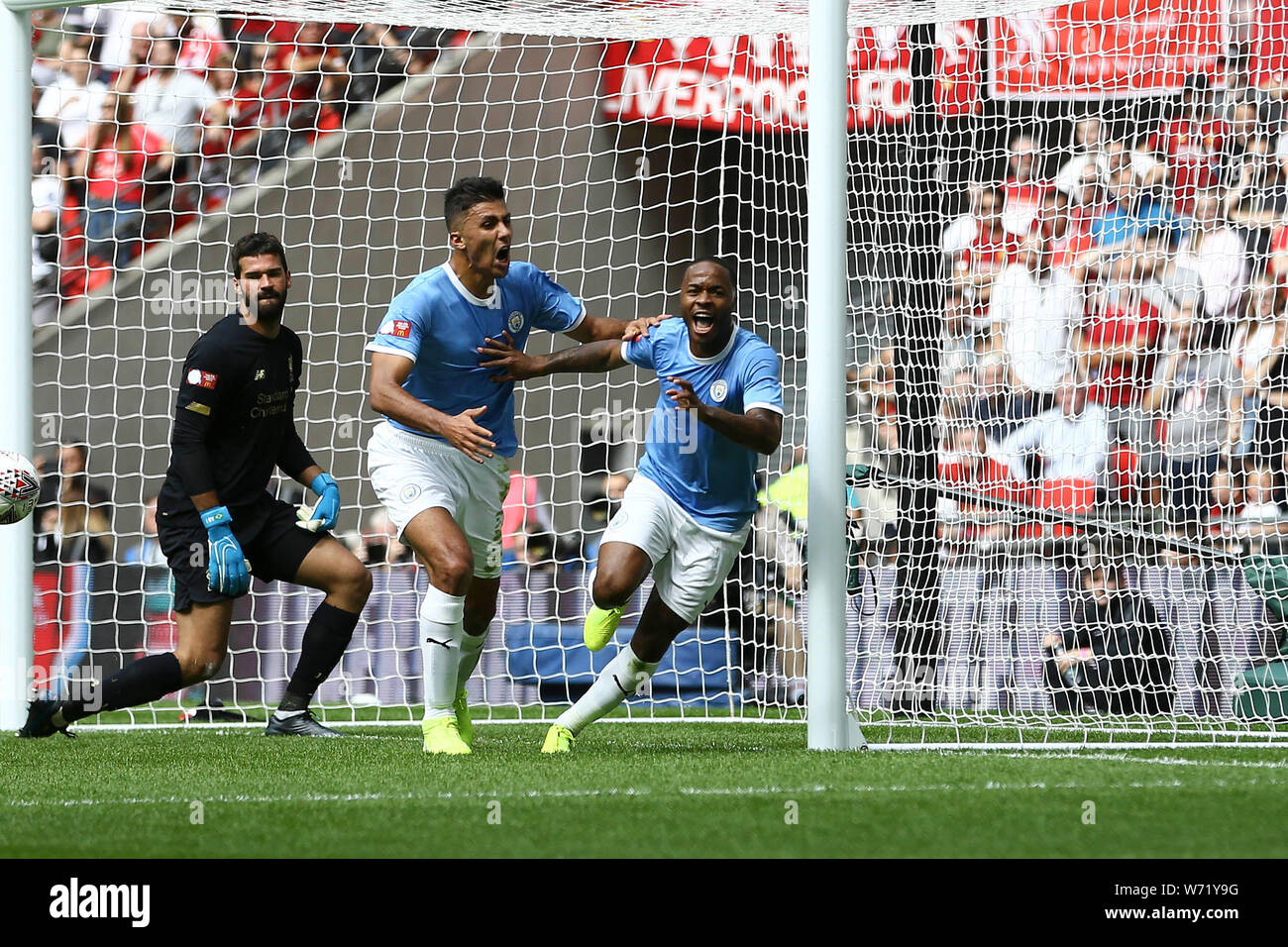 London Uk 04th Aug 2019 Raheem Sterling Of Manchester City R Celebrates After Scoring His Teams