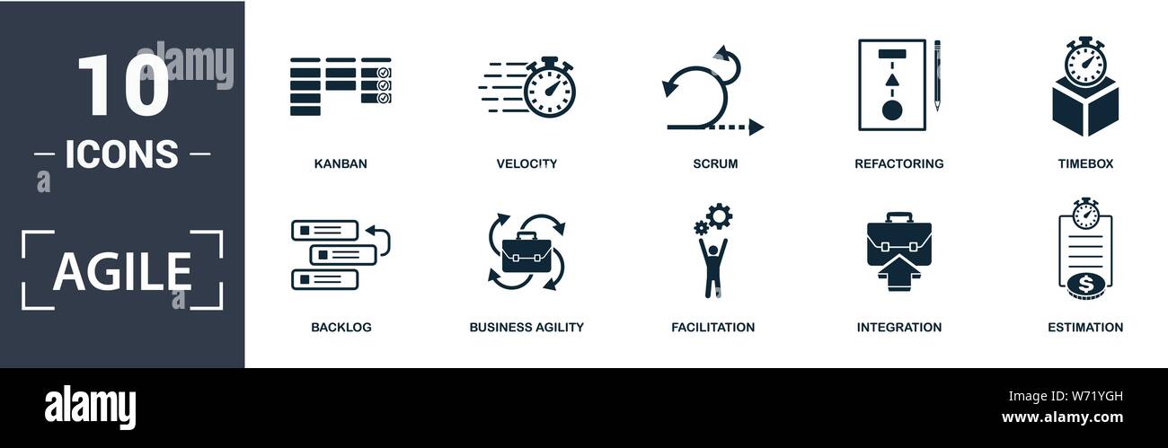 Agile icon set. Contain filled flat Backlog ,Business Agility ,Estimation ,Facilitation ,Integration ,Kanban ,Refactoring ,Scrum ,Timebox ,Velocity Stock Vector
