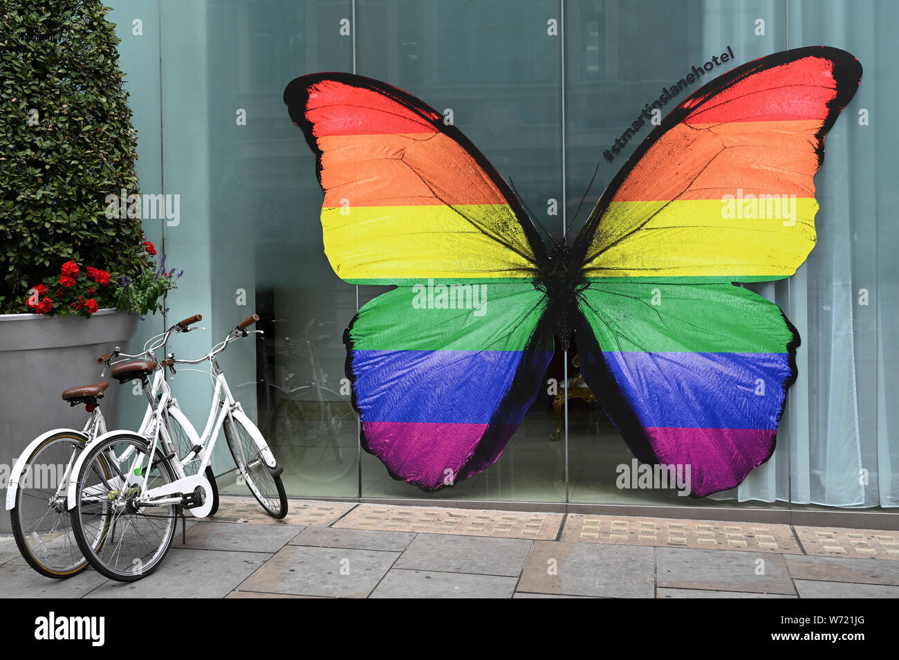 Rainbow Butterfly to celebrate Pride in London and to provide a background for selfies, St Martins Lane Hotel, Covent Garden, London. UK Stock Photo - Alamy Rainbow Butterfly to celebrate Pride in London and to provide a background for selfies, St Martins Lane Hotel, Covent Garden, London. UK Stock Photo - Alamy