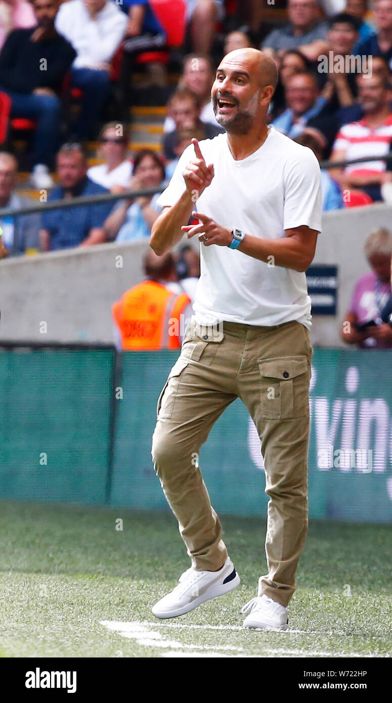 London, UK. 04th Aug, 2019. LONDON, ENGLAND. AUGUST 04: Manchester City  manager Pep Guardiola during The FA Community Shield between Liverpool and  Manchester City at Wembley Stadium on August 04, 2019 in