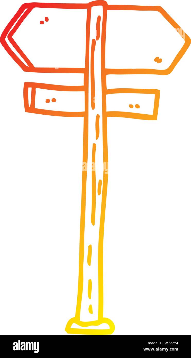 warm gradient line drawing of a cartoon painted direction sign posts ...