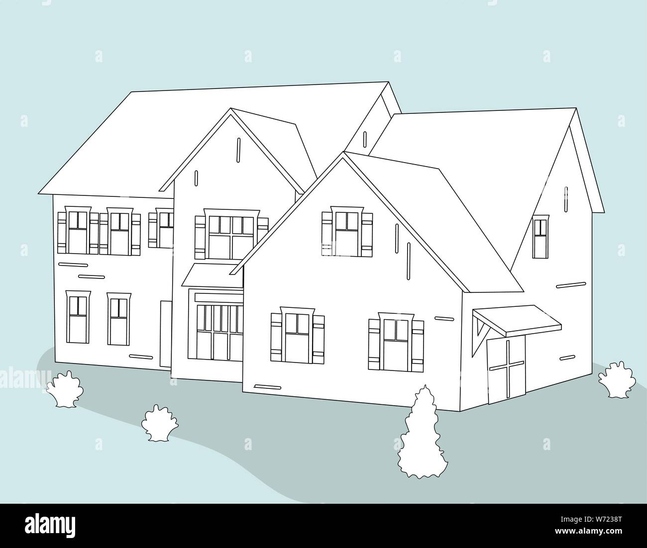 Linear pencil sketch of the house. White silhouette of a cottage-type house. Isolated. Vector Stock Vector