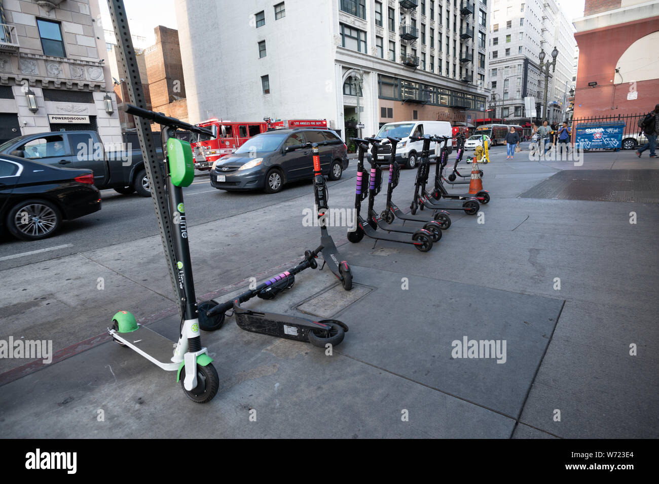 Row of Electric Scooters in Downtown Los Angeles Stock Photo Alamy